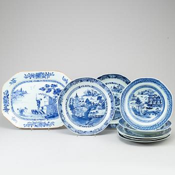 Nine blue and white export porcelain objects, Qing dynasty, Qianlong (1736-95).