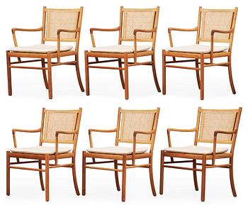 A set of six Ole Wanscher cherry and ratten armchairs, PJ Jeppesen, Denmark, model PJ 301.