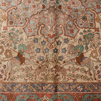 A RUG. A semi-antique silk figural souf (in relief), probably India. 208 x 128,5 cm (as well as two cm flat weave at.