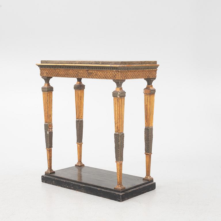 A giltwood, patinated, and faux-marbre console table in the manner of J. Frisk, Stockholm, circa 1800.