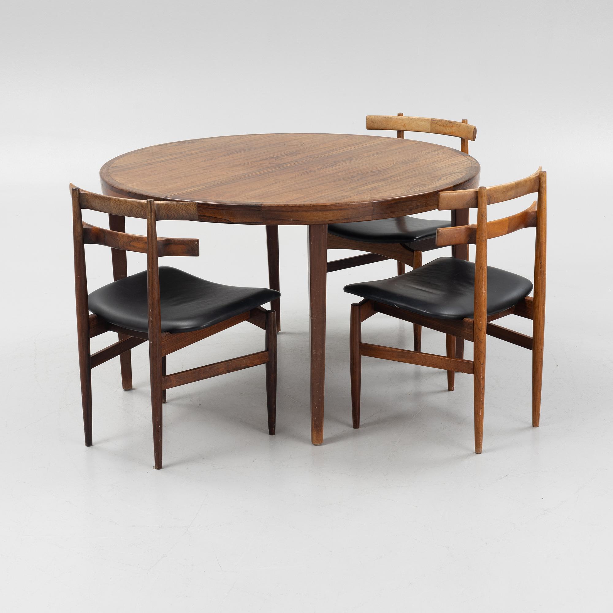 Poul Hundevad, dining set, table and a set of three chairs, Denmark, 1960s.