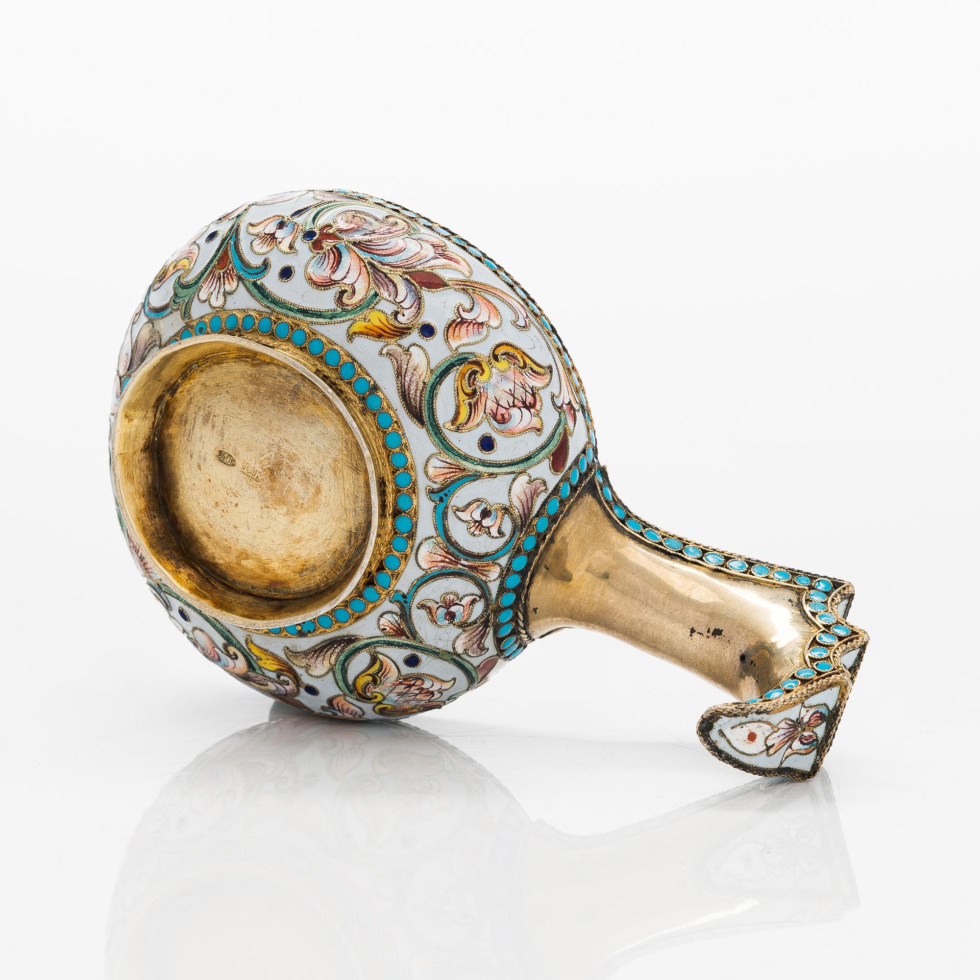 A gilt silver cloisonné enamel kovsh, unidentified Cyrillic maker's mark IGT, Moscow  1898-1914.