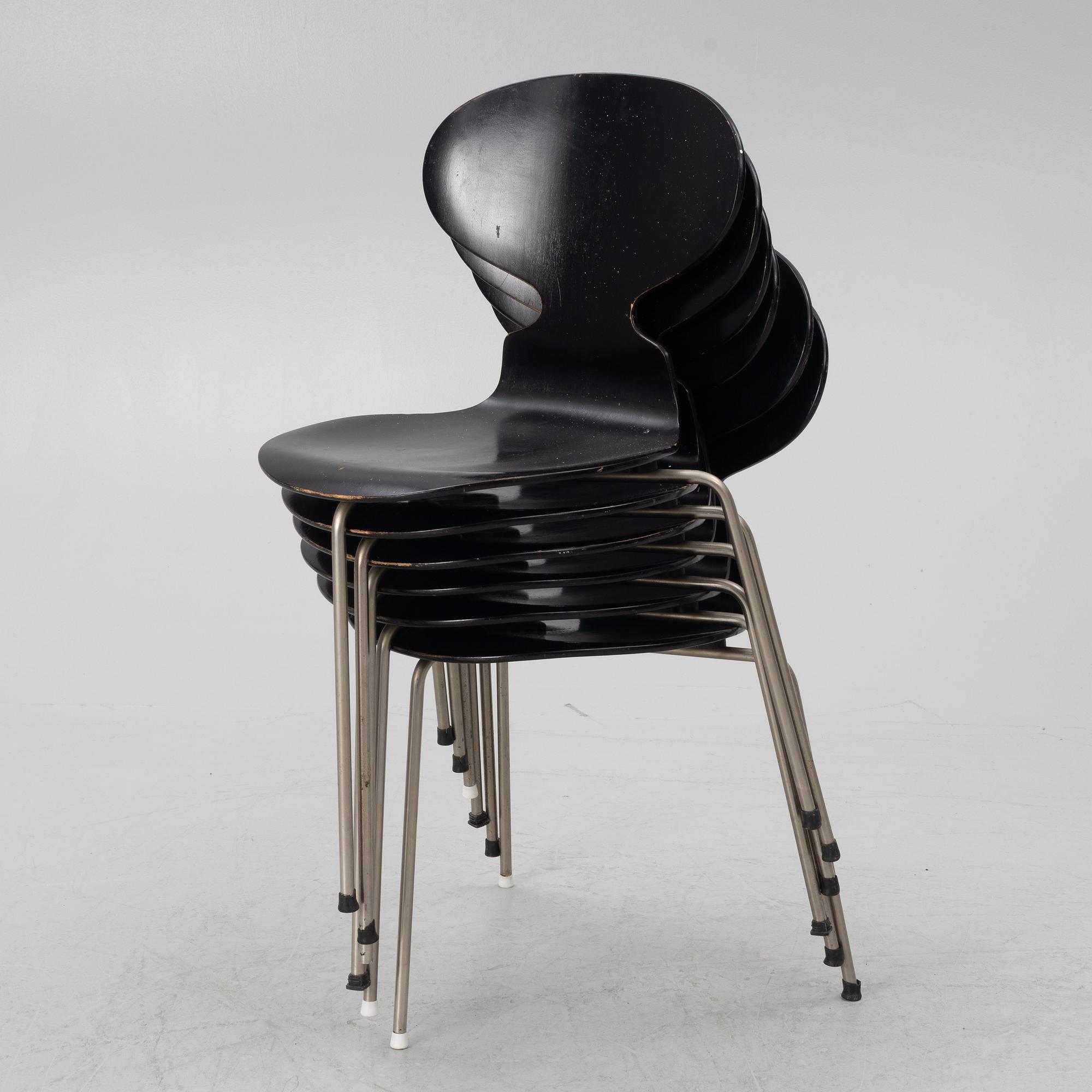 Arne Jacobsen, six 'Ant' chairs, Fritz Hansen, Denmark, 1950s/60s.