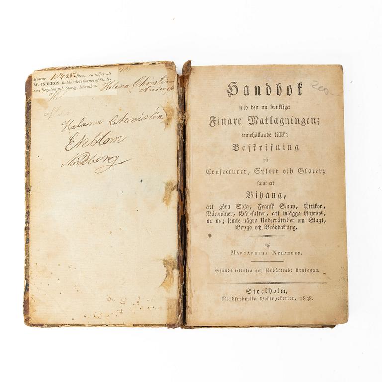 Åtta kok- och handböcker inkl. Cajsa Warg, 1780-1897.