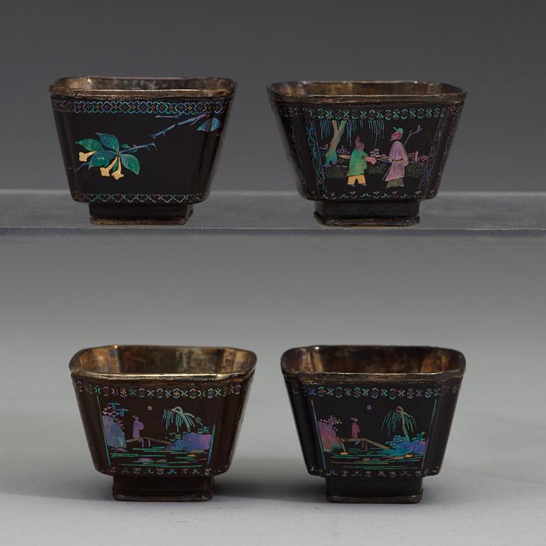 A set of four 'lac-burgauté cups, Qing dynasty, 18th Century.