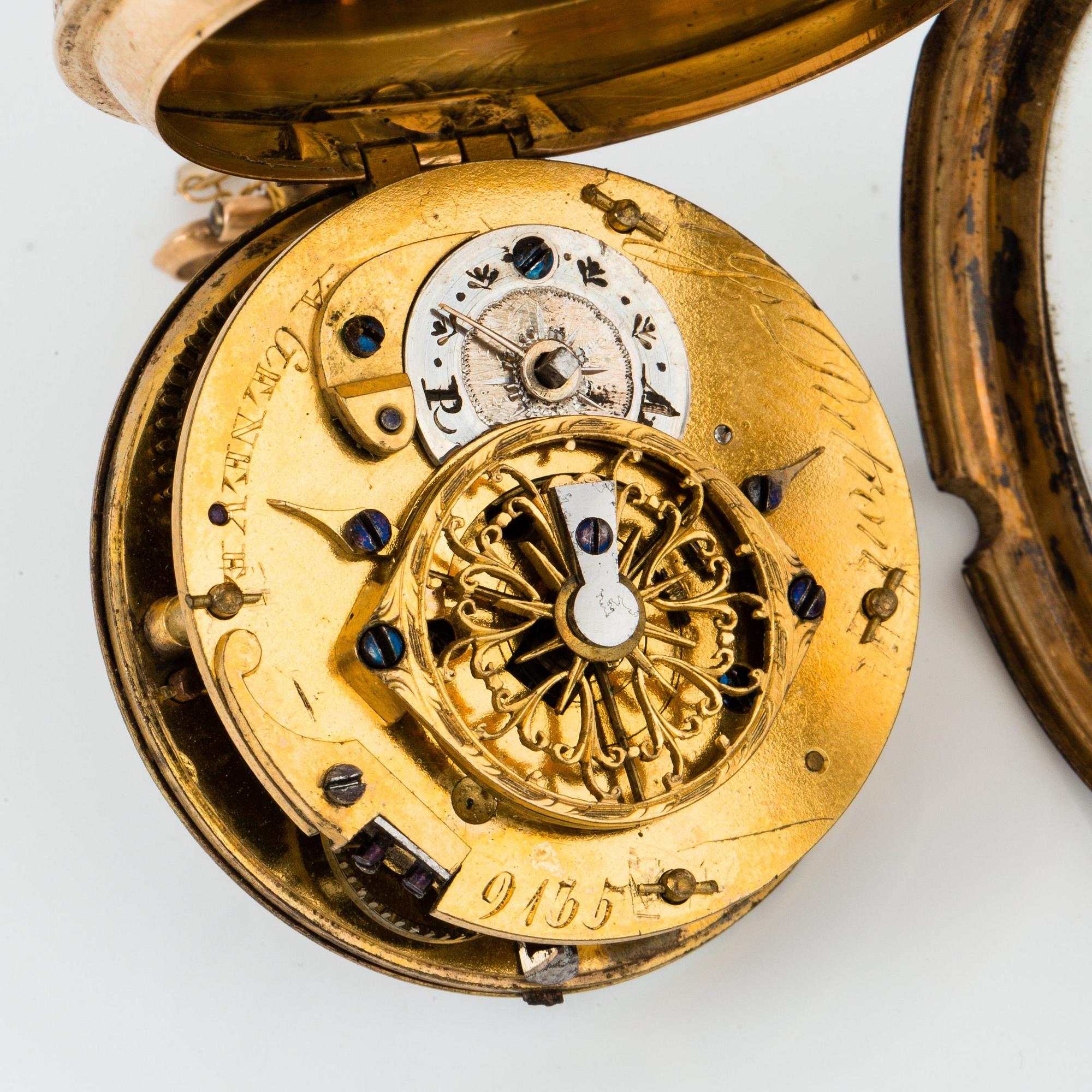 J S Patron, fickur, guld, stenar och emalj, Geneve omkr 1800.