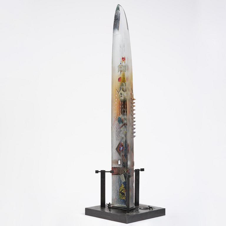 Bertil Vallien, a sand cast glass sculpture of a standing half-boat, Kosta Boda, Sweden.