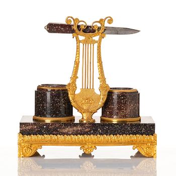 A Swedish porphyry and bronz ink stand, 19th century.