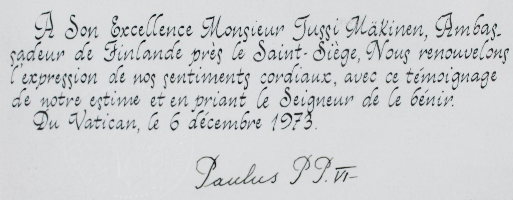 FOTOGRAFI MED DEDIKATION av Påven Paulus PP. VI, signerat och daterat 6.12.1973.
