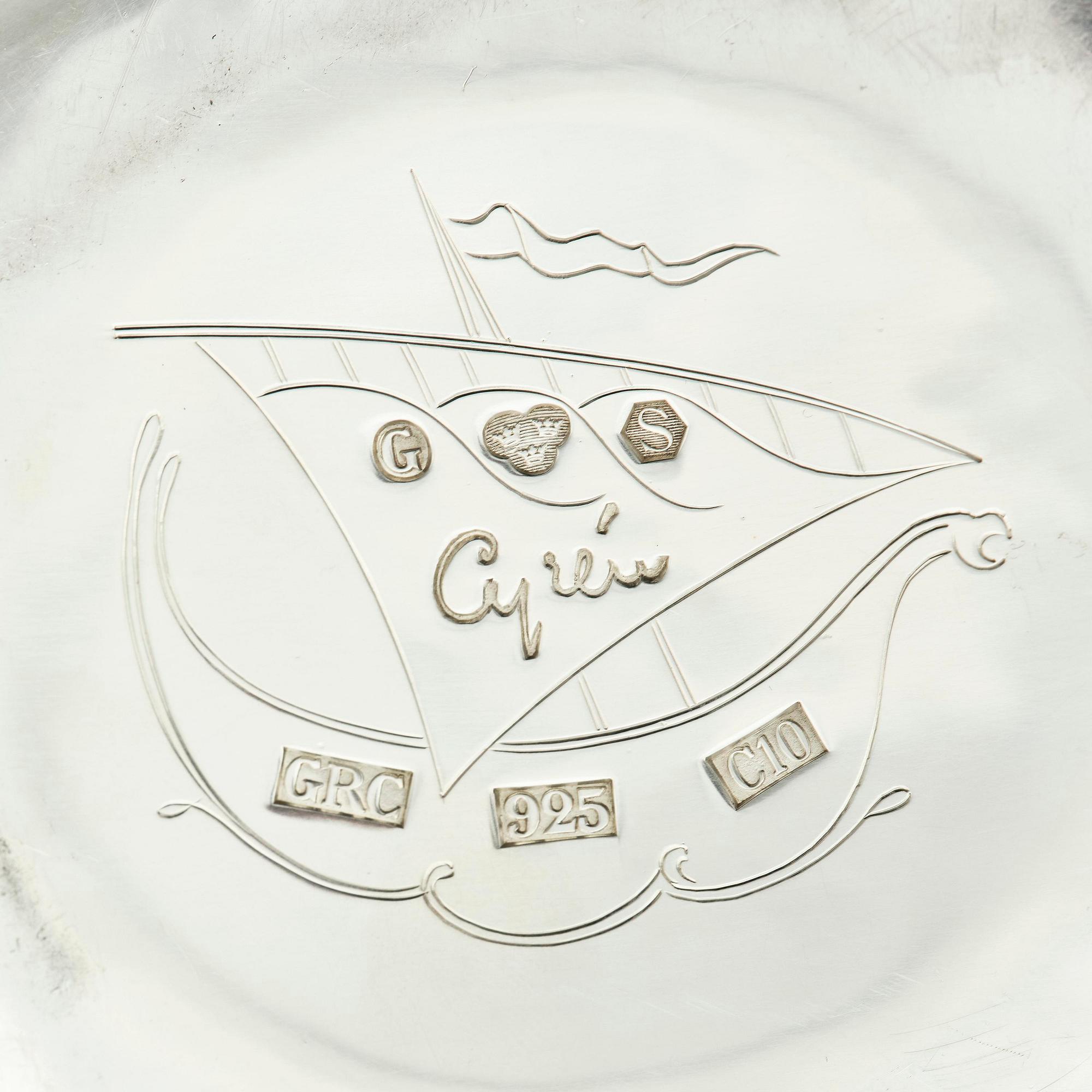 Gunnar Cyrén, "Stornäbb" (large beak), a unique sterling silver bowl with sapphires and glass, Gävle, Sweden 1977.