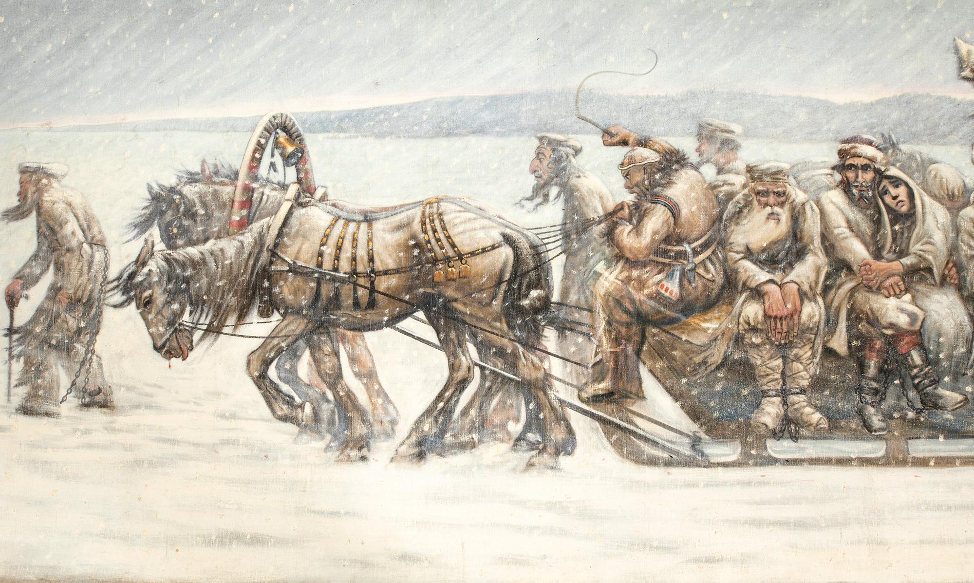 Okänd konstnär 1900-tal ,  Fångar på marsch i vinterlandskap.