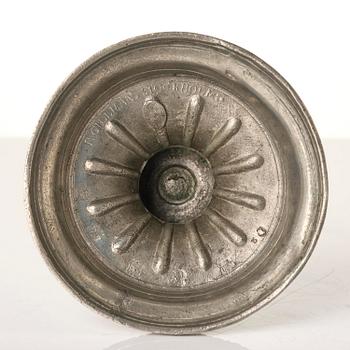 A pair of Gustavian pewter candlesticks by P. Gillman, Stockholm 1786.