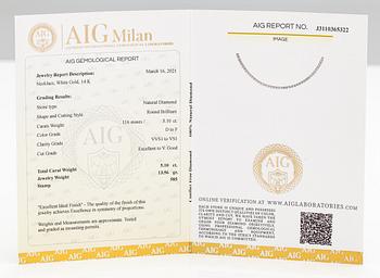 Tennishalsband/-armband, 14K vitguld, diamanter ca 5.10 ct tot. Med AIG-certifikat.