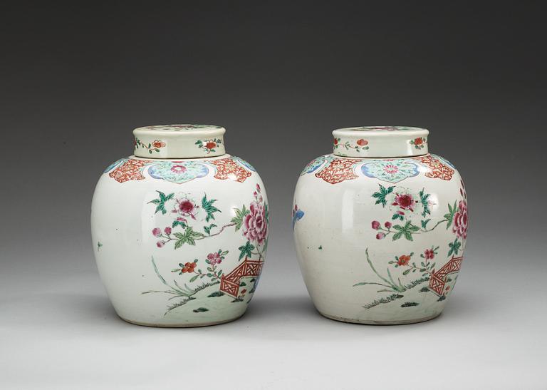 A pair of famille rose jars with covers, Qing dynasty, Qianlong (1736-95).