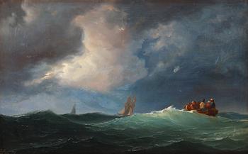 373. Marcus Larsson, Figures in a boat at a stormy sea.