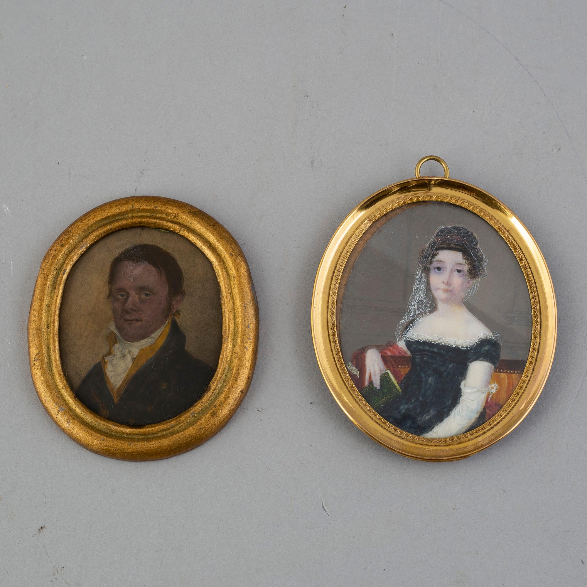 OKÄND KONSTNÄR, miniatyrmålningar, 2 st, gouache på papper, omkring år 1800.
