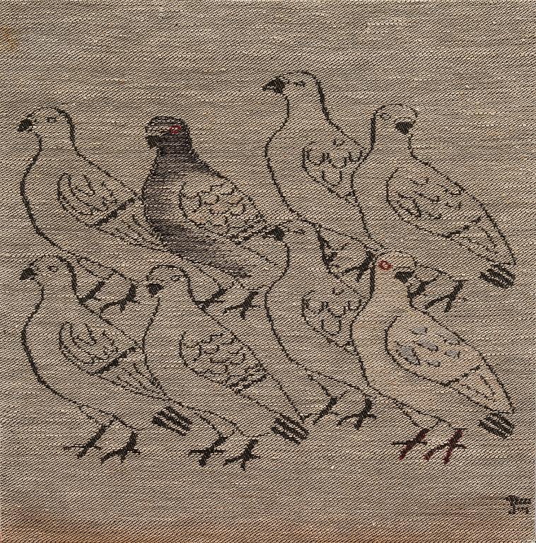 DORA JUNG, A TAPESTRY. Pigeons. Signed. Early 1970s.