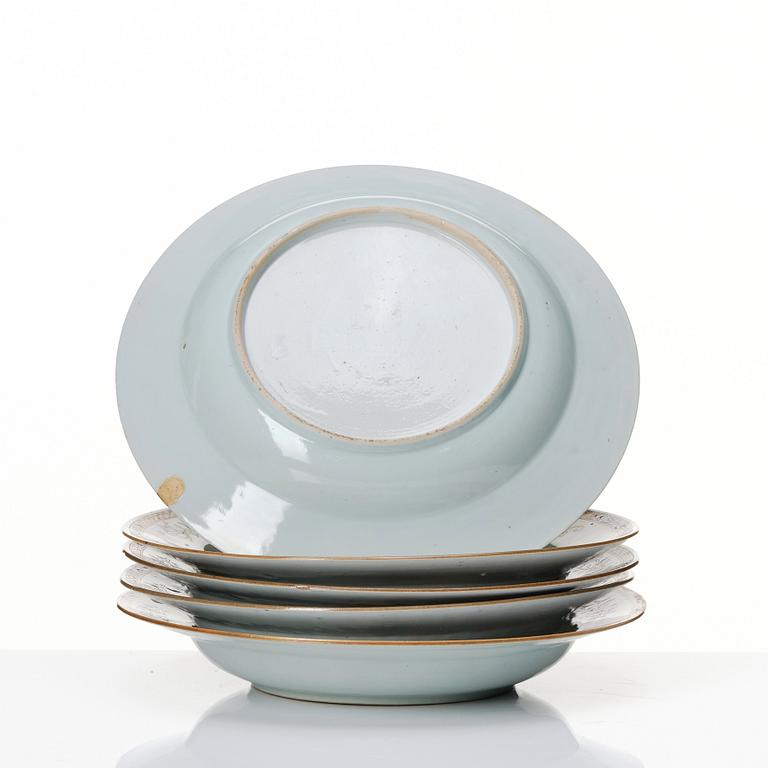 A set of five famille rose 'double peacock' dishes, Qing dynasty, Qianlong (1736-95).