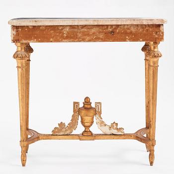 A Gustavian carved giltwood and marble console by O. C. Lindmark (master in Stockholm 1779-1813).