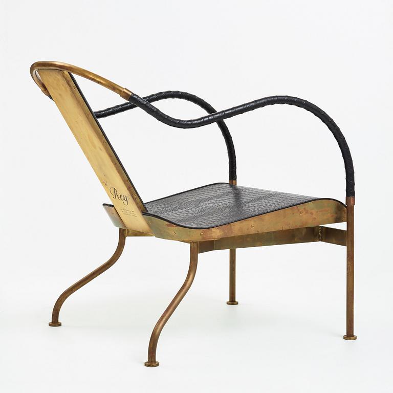 Mats Theselius, an "El Rey" brass and black leather armchair, Källemo, Sweden post 1999.