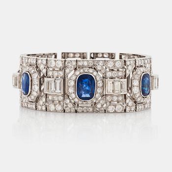 An Art Deco old- and baguette- cut diamond and sapphire cuff bracelet.