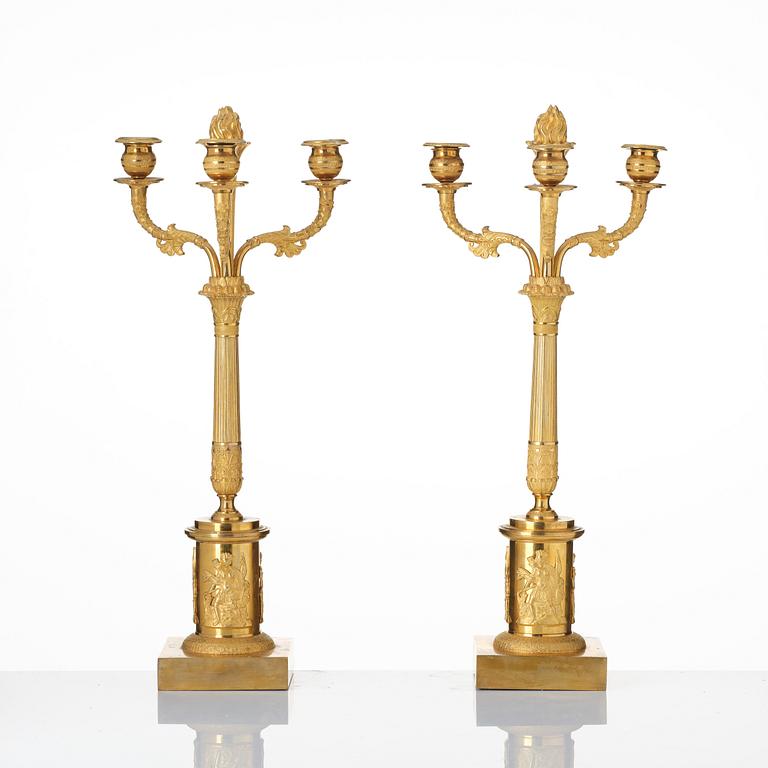 A pair of Empire ormolu three-light candelabra, Stockholm, early 19th century.