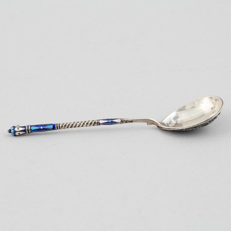 A Russian silver and enamel spoon, Moscow, 1908-26.