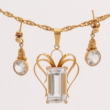 PENDANT on CHAIN and EARRINGS, 18K gold and rock crysta (pendant) and spinel (earrings), 1956.
