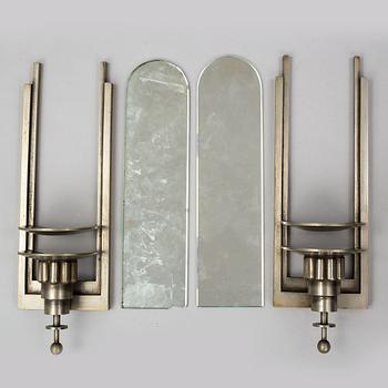 WALL LIGHTS, a pair of 1930's white metal and mirror glass.