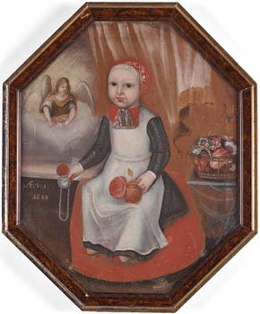 827. Okänd konstnär, 1600-tal, Minnesporträtt av en flicka vid 1 års ålder hållandes rosor och fickur.