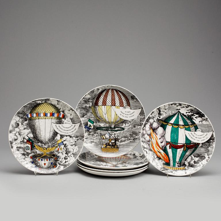TALLRIKAR, 6 st. Porslin, "Mongolfiere", Fornasetti, Milano, Italien. 1950-tal.