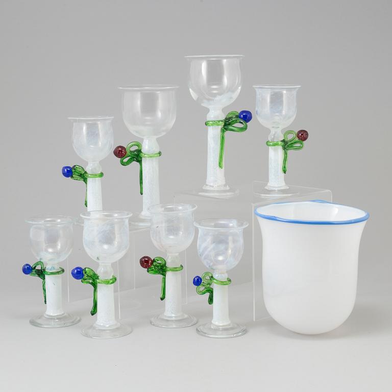 ULLA FORSELL, 8 glass goblets and 1 bowl, blown in her own studio 1973, 1978, 1990 and 1991.