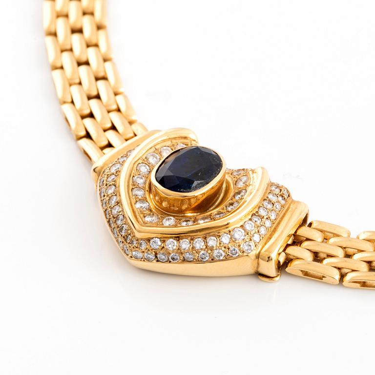 Gold, sapphire and round brilliant cut diamond necklace.