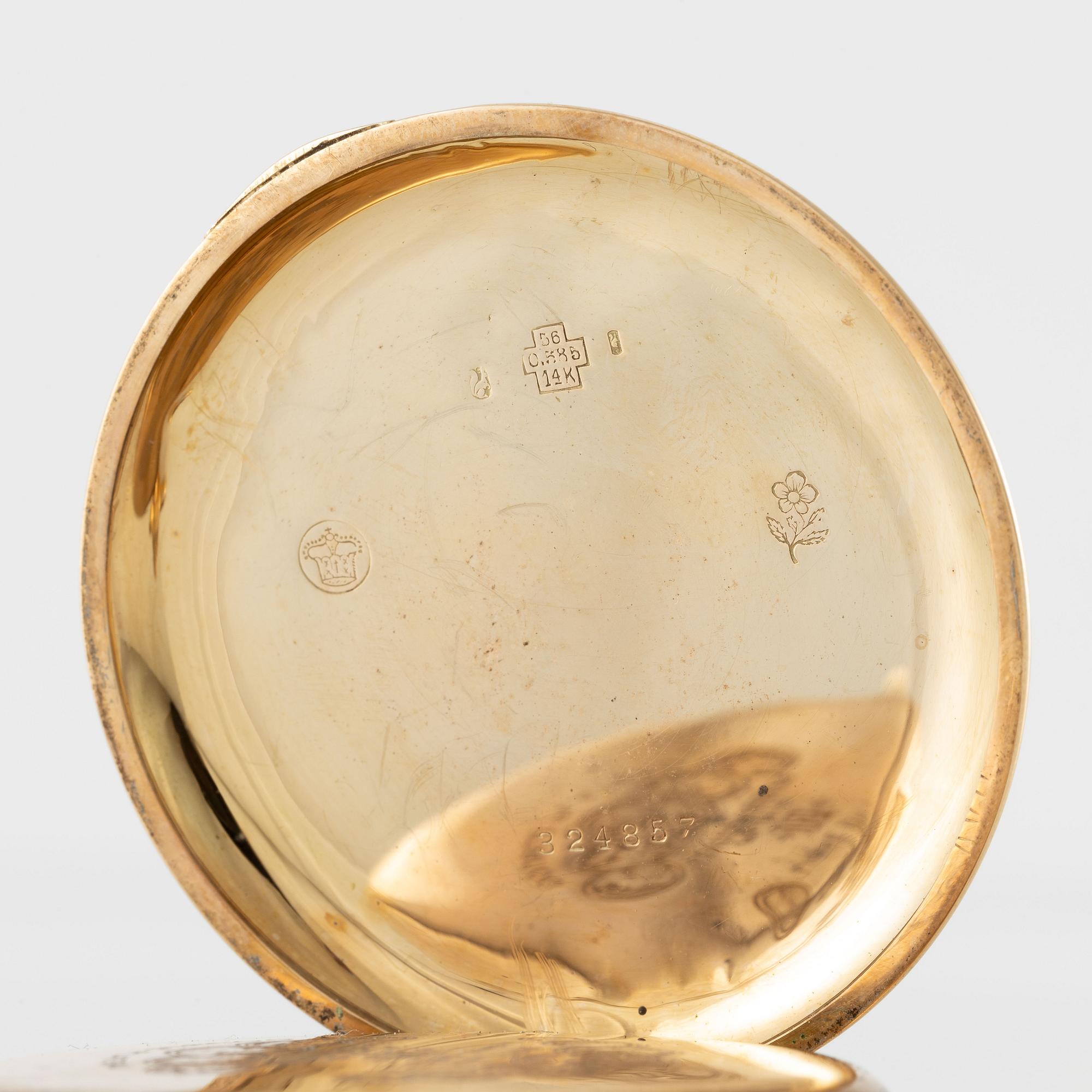 Pocket watch, 14K gold, open face, 57 mm.