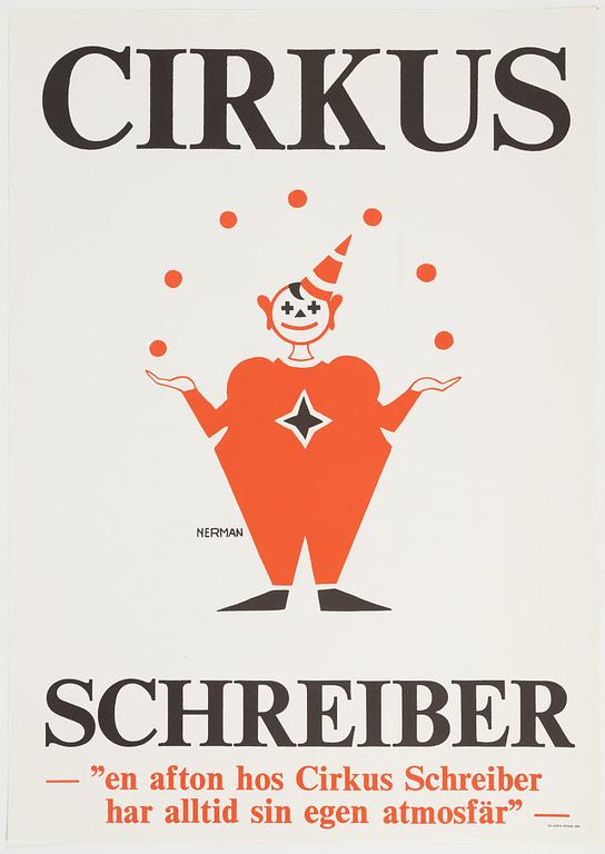 Einar Nerman, affisch, "Cirkus Schreiber", AB Kopia, Stockholm, 1974.