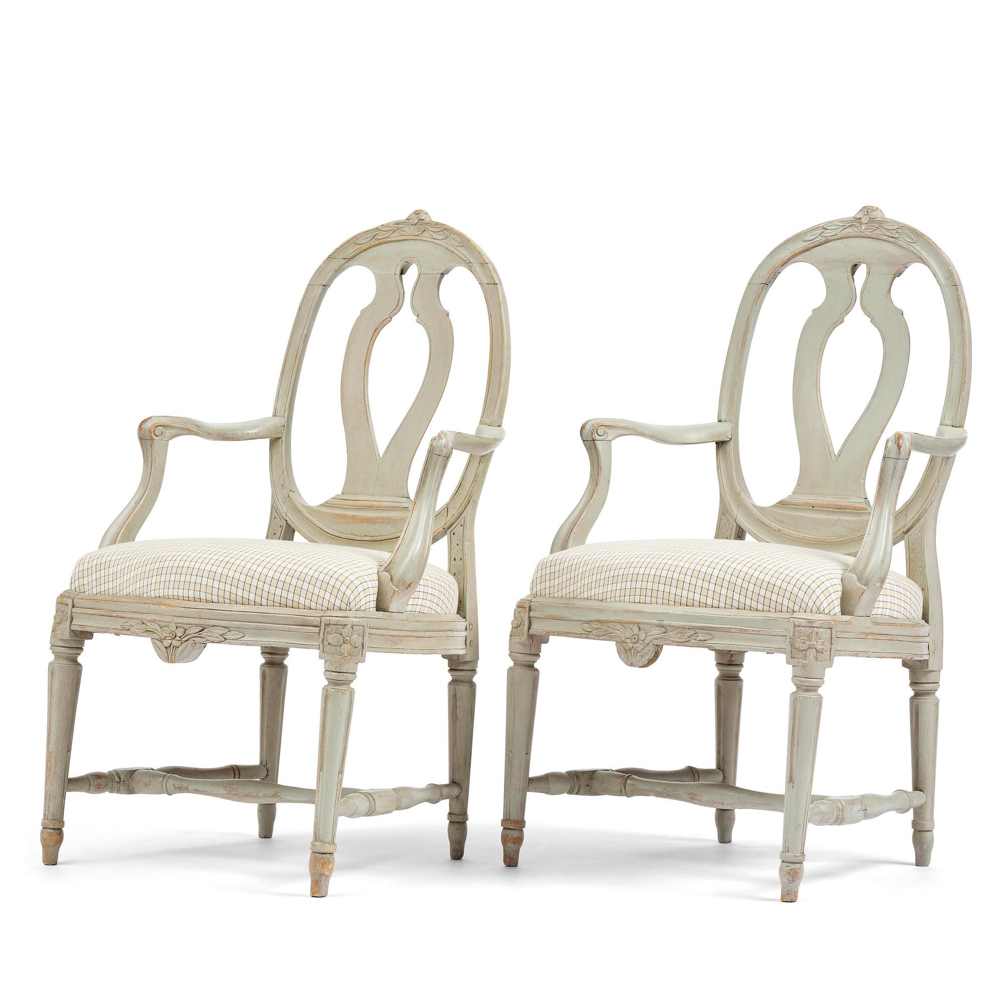 A pair of Gustavian open armchairs, Stockholm, late 18th century.