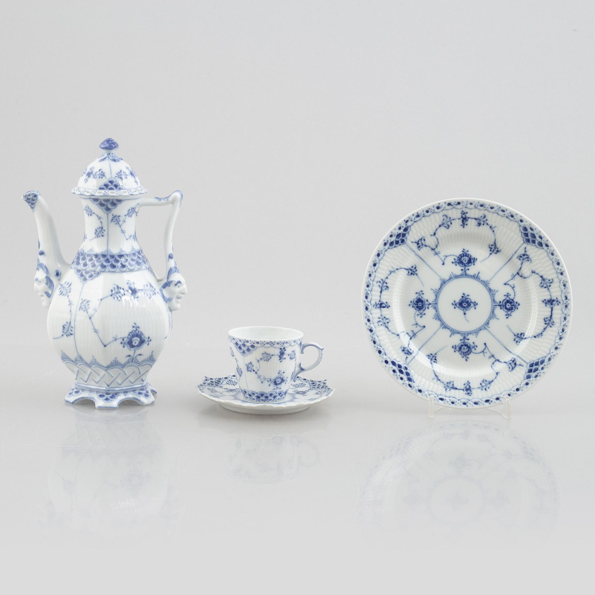 Royal Copenhagen, a 25-piece mocha porcelain service, half lace "Blue Fluted", Denmark.