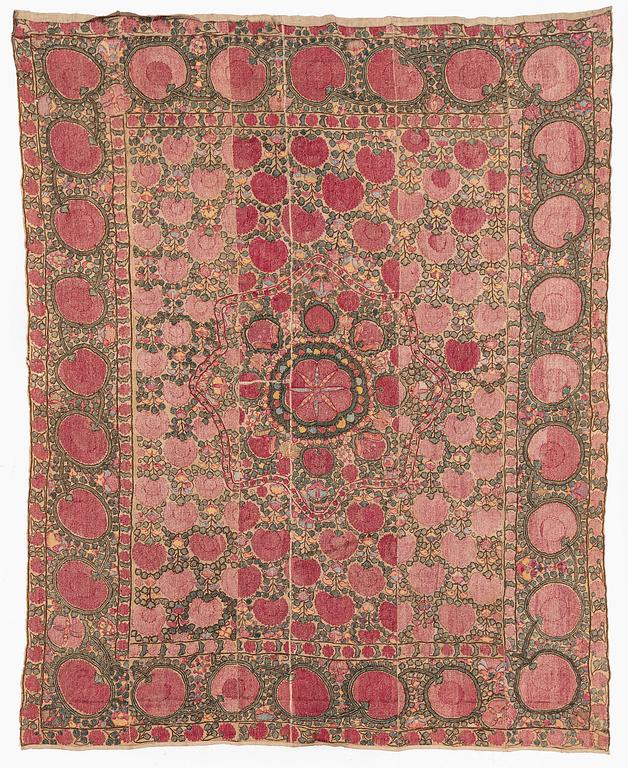 An antique Suzani embroidery, probably Tashkent region, Uzbekistan, 19th century, c. 221 x 184 cm.