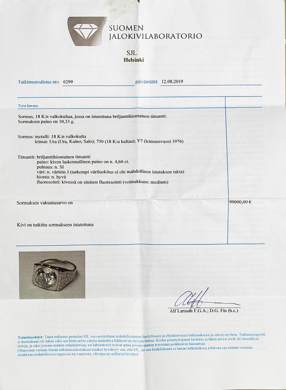 Ring, 18K vitguld, diamant ca 4.60 ct. Kaino Ura, Salo 1976.