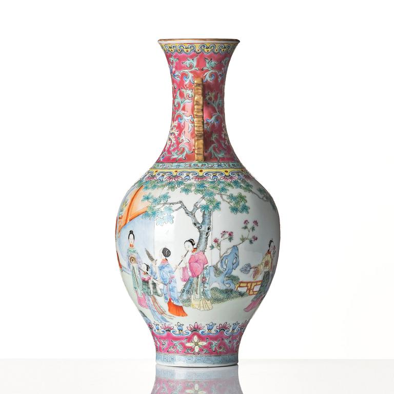 A famille rose vase, late Qing dynasty/Republic with Qianlong mark.