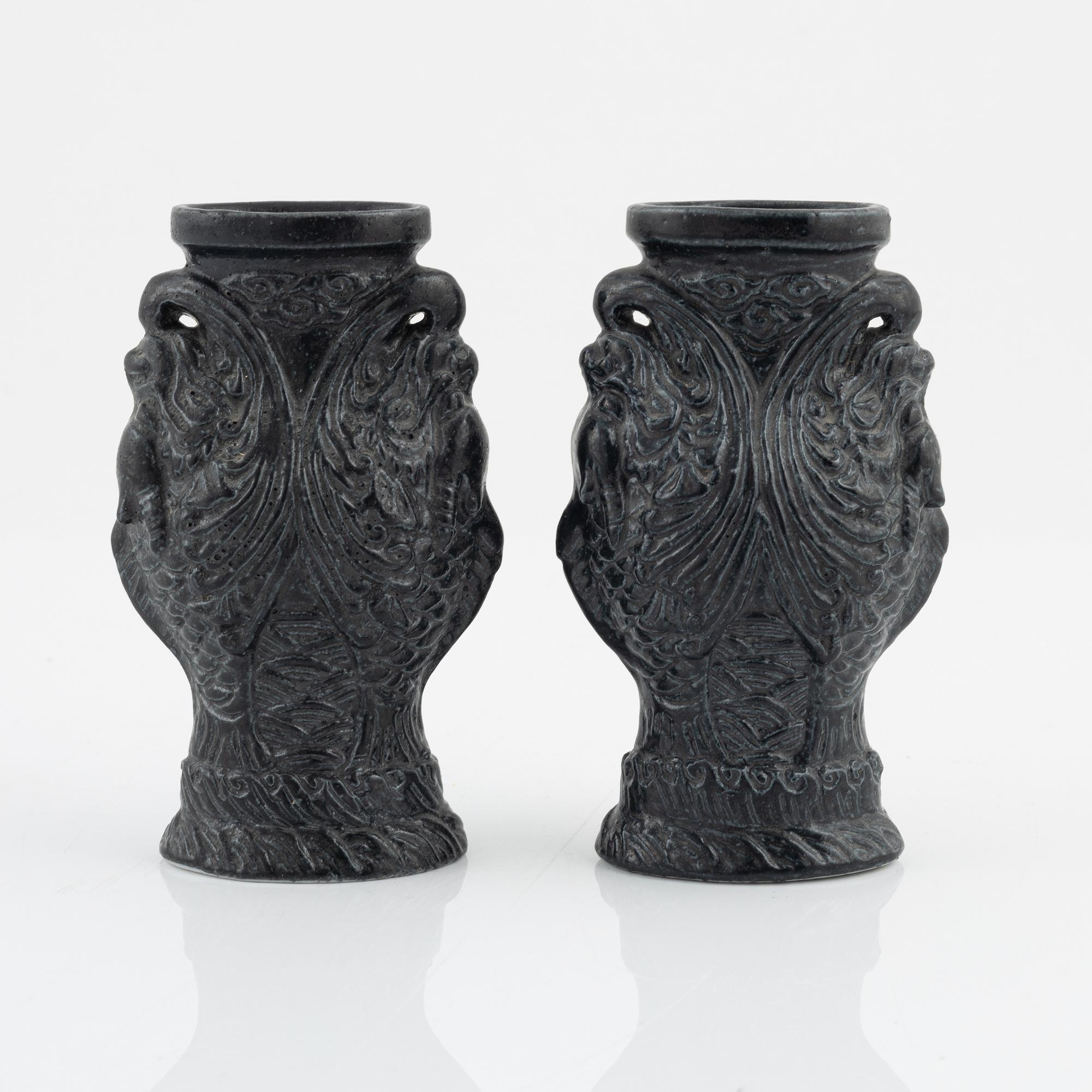A pair of Chinese double dragon-fish vases with seal marks, 20th Century.