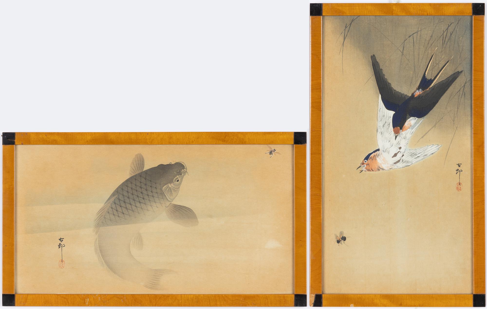 Ohara Koson, "Swallows and Wasp" and "Carp and Fly".