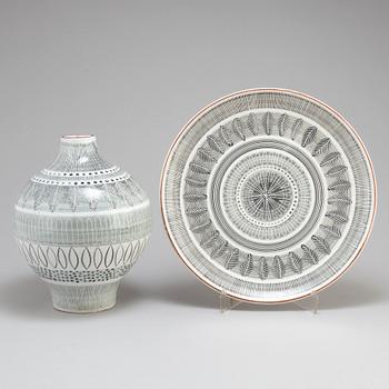 INGRID ATTERBERG, an eartheware vase and dish 'Grafika' from Upsala-Ekeby.