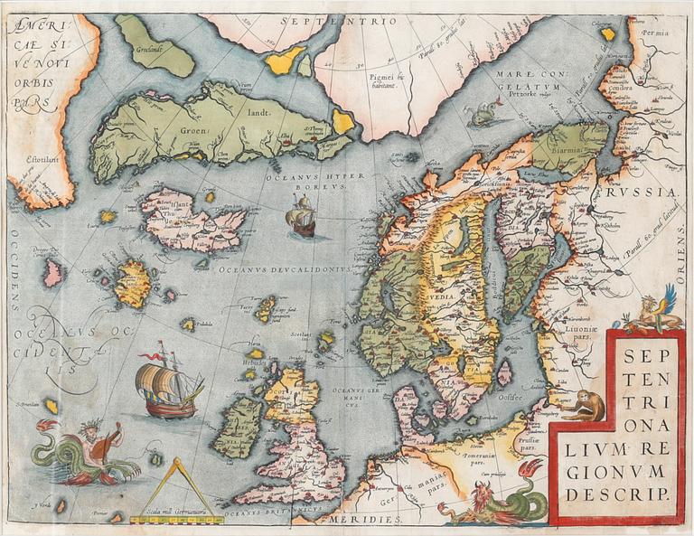 A hand colored map by Abraham Ortelius, "Septentrionalium Regionum Descrip.", probably 17th century.