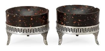 821. A pair of late Gustavian porphyry and silver salts by Gustaf Hamnqvist.