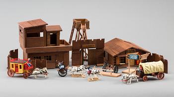 A SET OF WESTERN FIGURES AND FORT BY OEHME & SÖHNE GERMANY AND TIMPO TOYS ENGLAND.