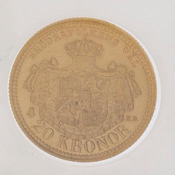 MYNT, guld, 20 kronor, Oscar II, 1898, vikt ca 9 g.