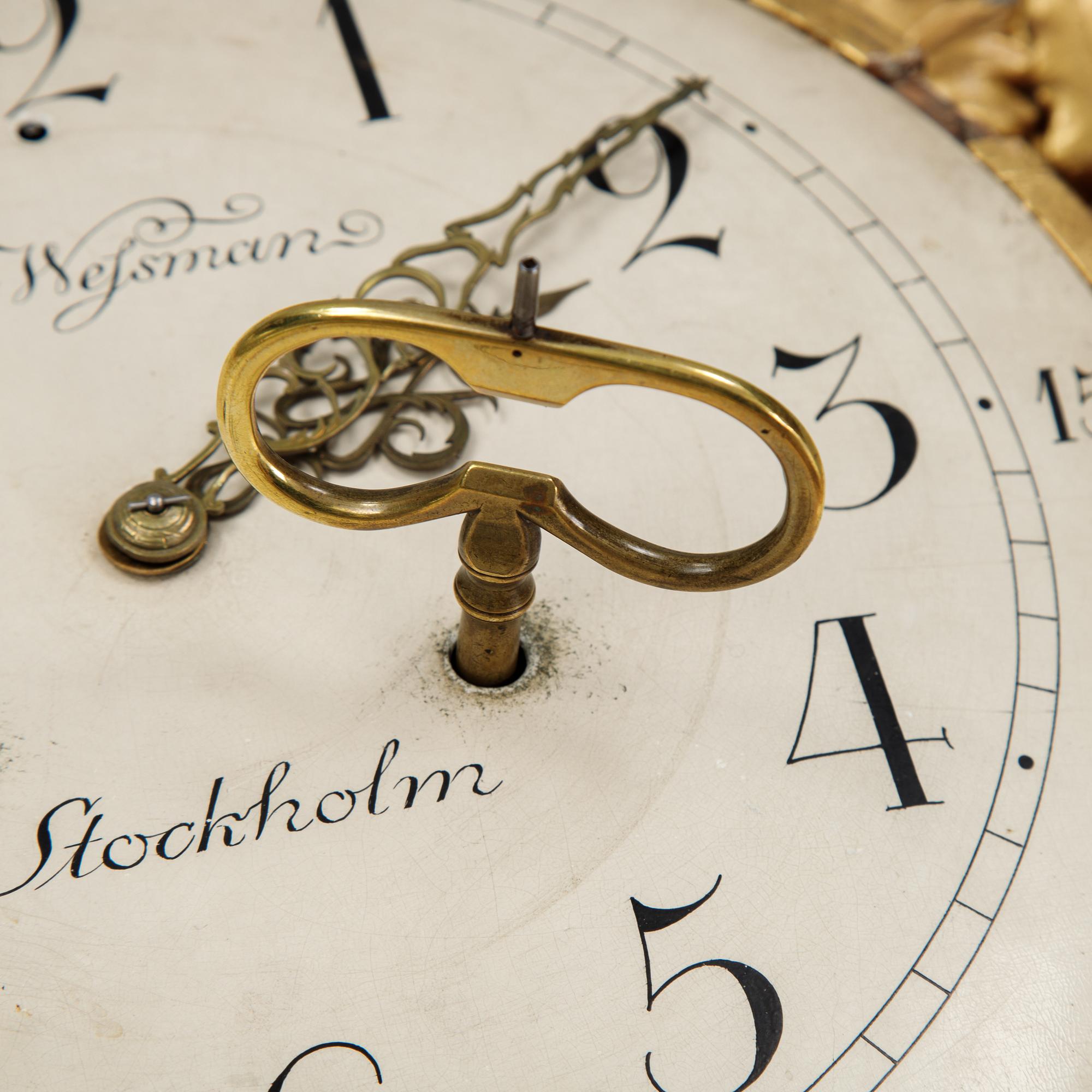 A Gustavian wall clock by Hans Wessman (active in Stockholm 1787-1805).