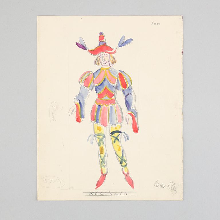 Seven costume sketches by César klein from Shakespears Twelfth Night, signed.