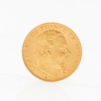 Gold Coin 20 Francs 1879 Monaco Charles III.